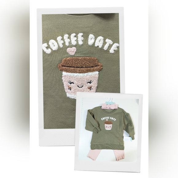 PETIT LEM, "Coffee Date" sweatshirt set, Green & Pink, Size 24 Months - Picture 1 of 8